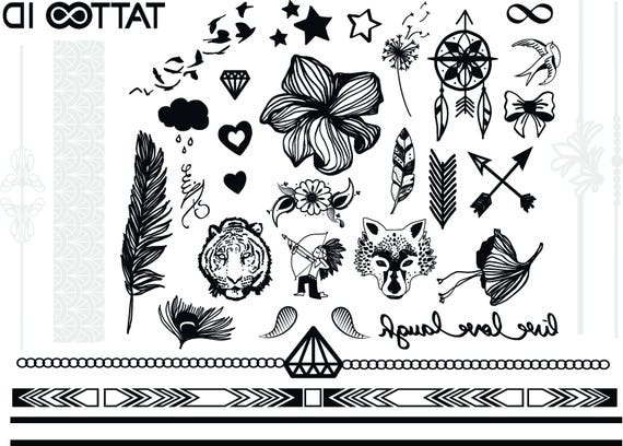 Tatouage Ephemere Temporaire Mix Plume Fleur Noir Et Blanc Tattooid Hypoallergénique Fabriqué En France 2 Planches Identiques Femme