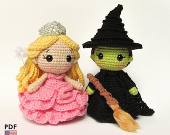 Glinda & Elphaba amigurumi dolls - crochet PDF patterns by Crochelandia - English and Spanish