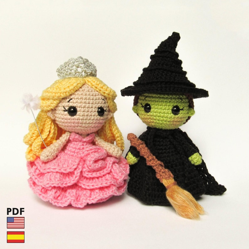 Glinda & Elphaba amigurumi dolls - crochet PDF patterns by Crochelandia - English and Spanish image 1