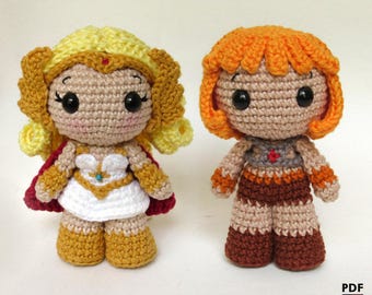 She-Ra and He-Man amigurumi dolls - crochet PDF patterns by Crochelandia - English and Spanish