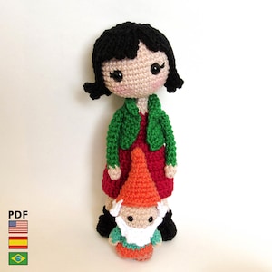Amélie Poulain and Traveling Gnome amigurumi doll - crochet PDF pattern by Crochelandia - English, Spanish and Brazilian Portuguese