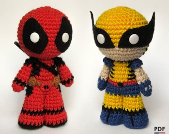 Muñecos amigurumi de Deadpool y Wolverine - patrones de crochet en PDF de Crochelandia - Inglés y español