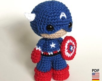 Captain America amigurumi doll - crochet PDF pattern by Crochelandia - English, Spanish and Brazilian Portuguese