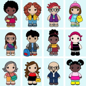 May include: A set of 12 cartoon illustrations of children wearing different outfits and carrying backpacks or purses. The children are all smiling and have different hair colors and styles. The illustrations are in a colorful cartoon style.