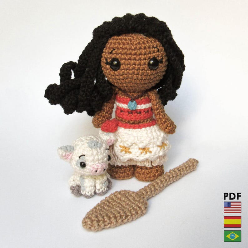 Moana and Pua amigurumi dolls - crochet PDF pattern by Crochelandia - English, Spanish and Brazilian Portuguese image 1