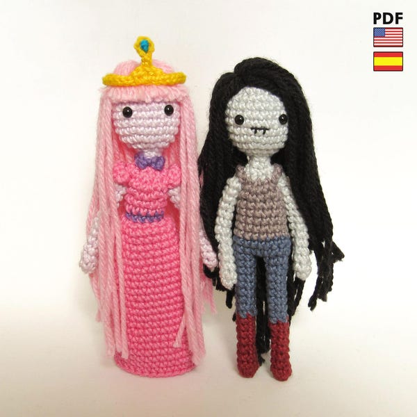 Marceline and Bubblegum amigurumi dolls - crochet PDF patterns by Crochelandia - English and Spanish
