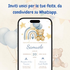 Invito digitale Battesimo – Orsetto e arcobaleno acquerello azzurro
