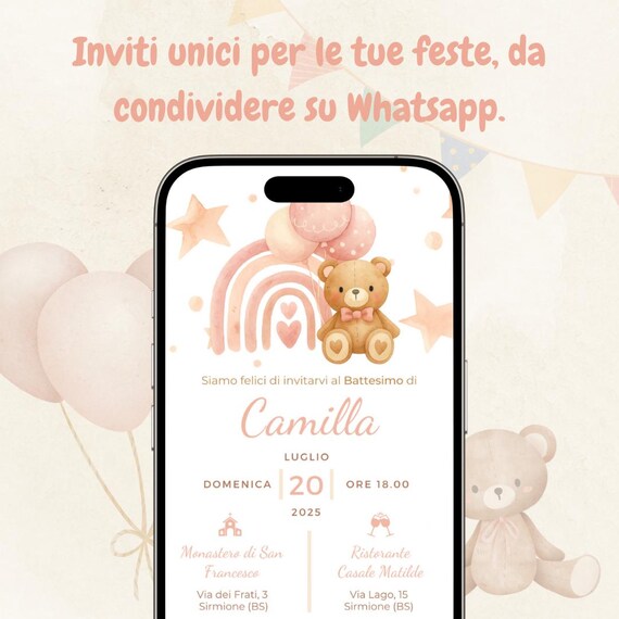 Invito digitale Battesimo – Orsetto rosa e arcobaleno acquerello