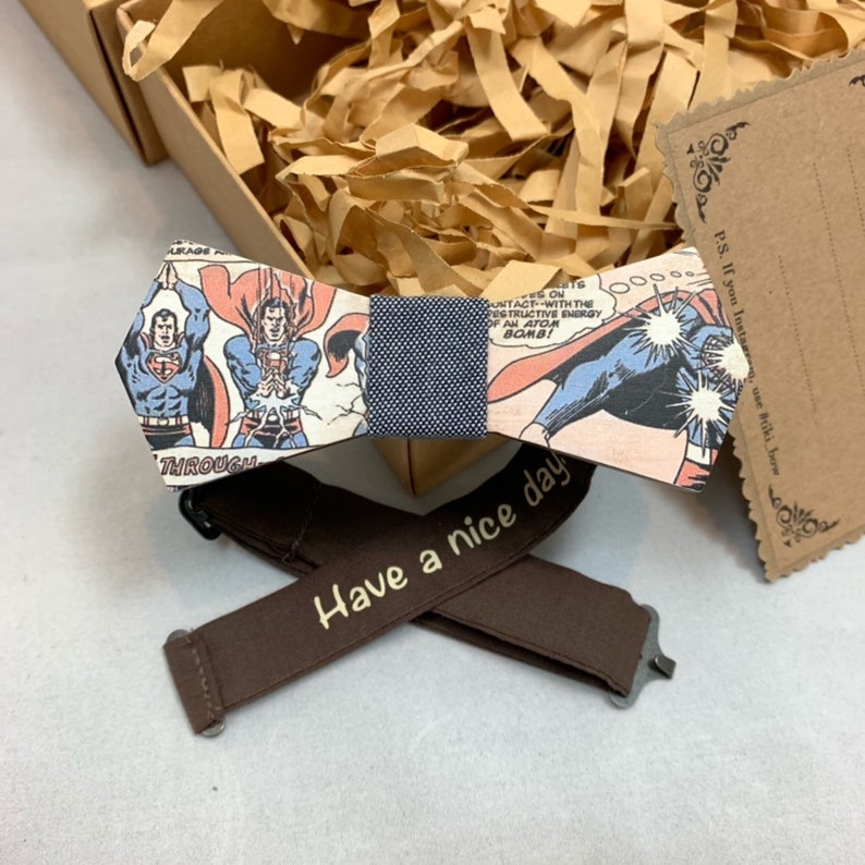 Children size Wooden Bow Tie Arrow shape with Superman Cartoon Strip