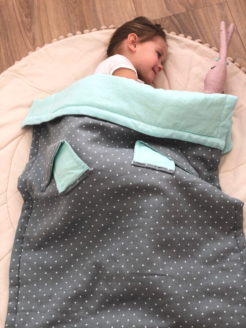Nursery bedding or baby stroller. Linen baby blanket Linen baby cover Double-sided spotted bluemint green blanket with bunny ears