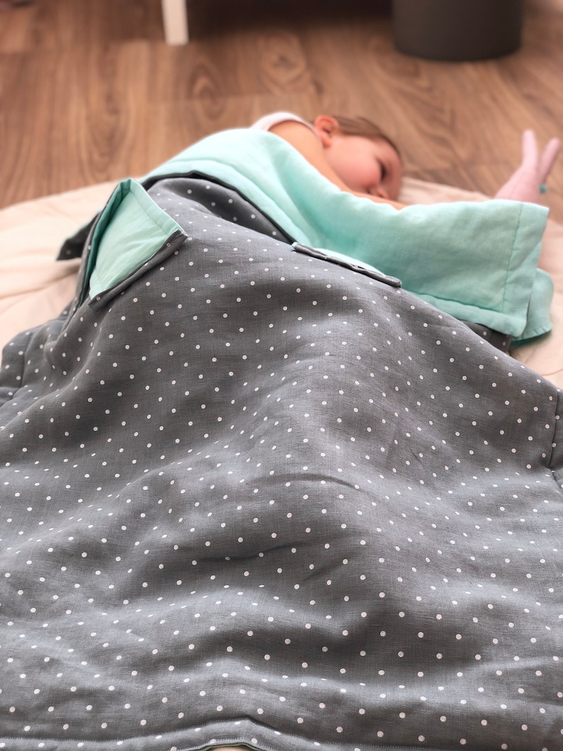 Nursery bedding or baby stroller. Linen baby blanket Linen baby cover Double-sided spotted bluemint green blanket with bunny ears