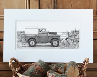Land Rover Defender Collie Art Print Giclee Limited Edition