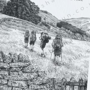 May include: A black and white pencil drawing of three people hiking up a hill. The people are wearing backpacks and carrying hiking poles. The text "You're just reaching your peak" is written at the top of the image.