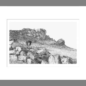 Pu&ograve; includere: Un disegno a matita in bianco e nero di un paesaggio roccioso con una pecora che spunta da dietro un cumulo di rocce. Il disegno &egrave; incorniciato con un passepartout bianco e una cornice grigia.