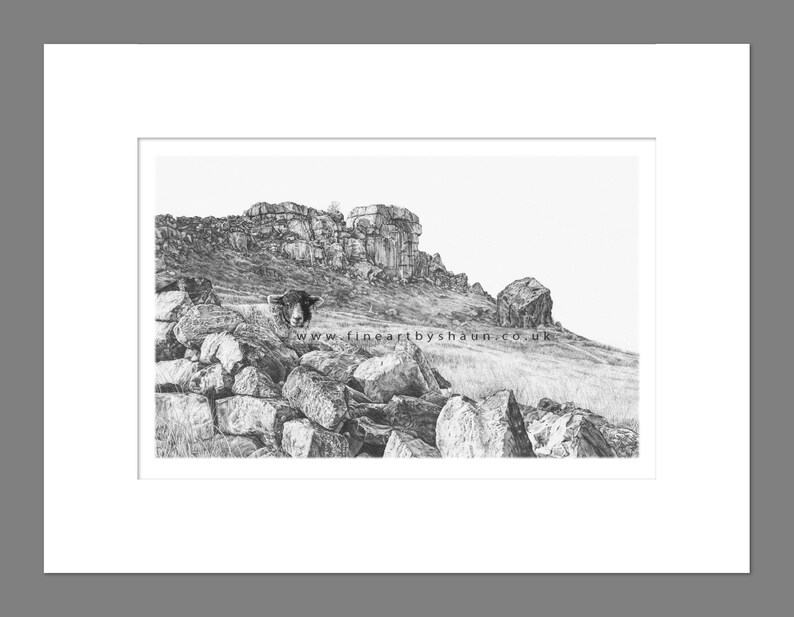 Pu&ograve; includere: Un disegno a matita in bianco e nero di un paesaggio roccioso con una pecora che spunta da dietro un cumulo di rocce. Il disegno &egrave; incorniciato con un passepartout bianco e una cornice grigia.