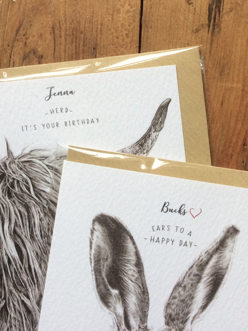 May include: Two greeting cards with donkey illustrations. The top card says "Jenna - Herd - It's your birthday". The bottom card says "Bucks &hearts; Ears to a - Happy Day - "