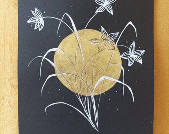 Original illustration flowers black paper painting gold