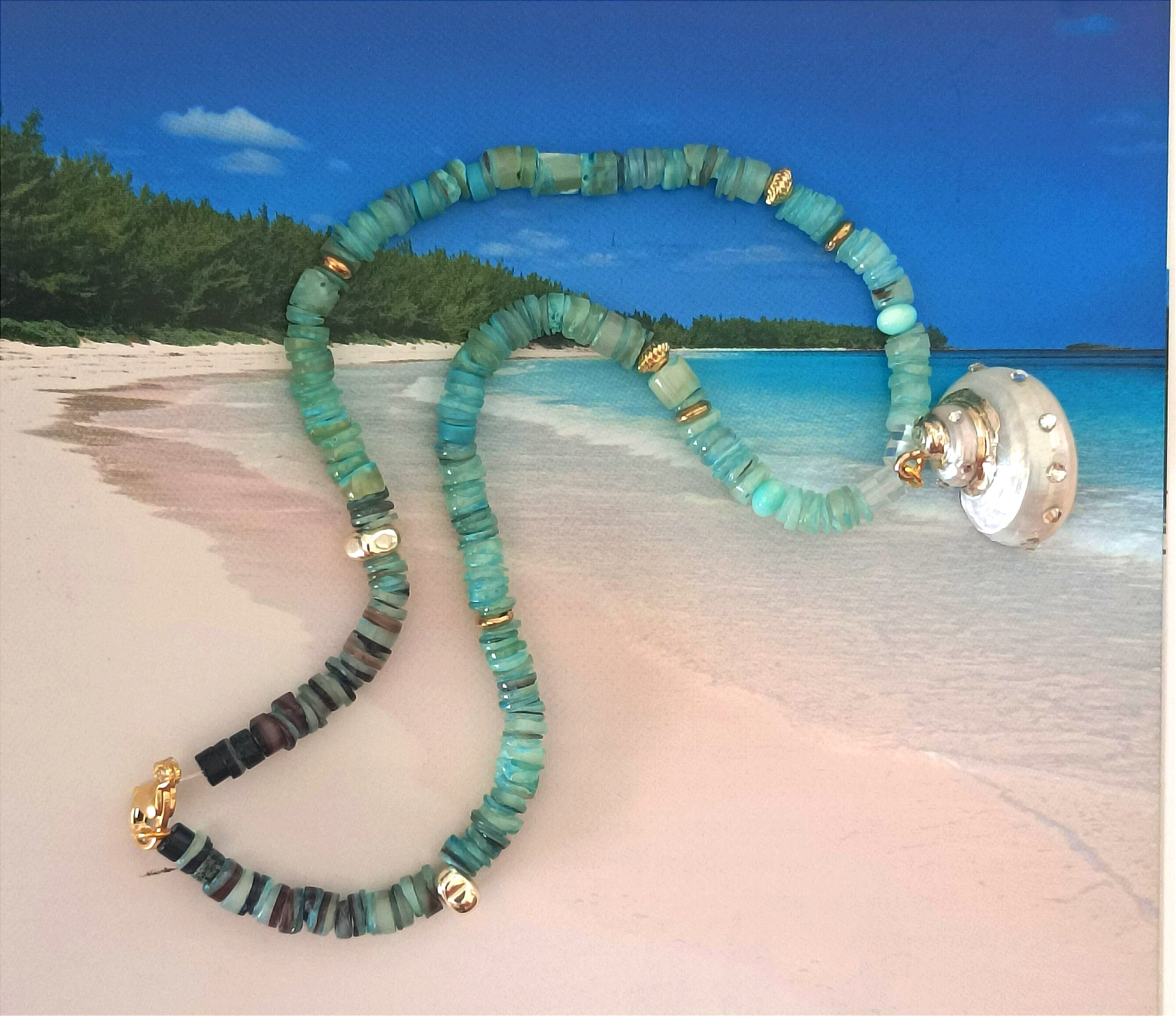 Parure Bijou Collier + Boucles D'oreilles Coquillage Nacre Goutte Bali - Neuf Sans Emballage