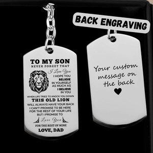 To My Son gepersonaliseerde hondenpenning sleutelhanger | Zoon verjaardag afstuderen kerstcadeau | Aangepaste gegraveerde hondenpenning voor zoon| Cadeau van ouders