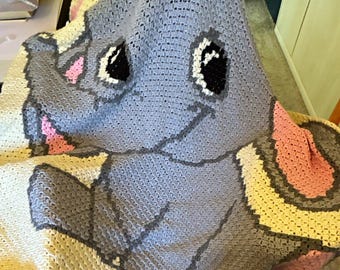 Manta de crochê com elefante para quarto infantil, cinza, creme e rosa, 70x79