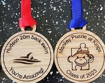 School Class Leaver Graduation, Sport, Award and recognition Oak Veneered Engraved Medals, Personalised and  with Safety Breakaway Lanyard.