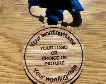 School Class Leaver Graduation, Sport, Award and recognition Oak Veneered Engraved Medals, Personalised and  with Safety Breakaway Lanyard.