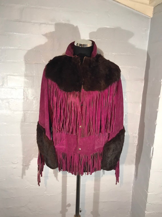 Vtg 60s fringe jkt - purple suede - real fur trim