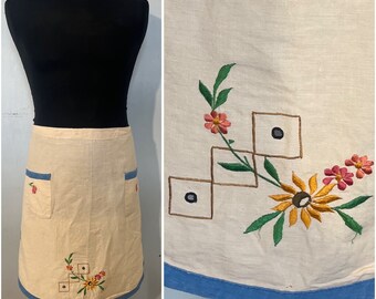 アンティークフランス製エプロン、花柄刺繍、ポケット2つ - Etsy 日本