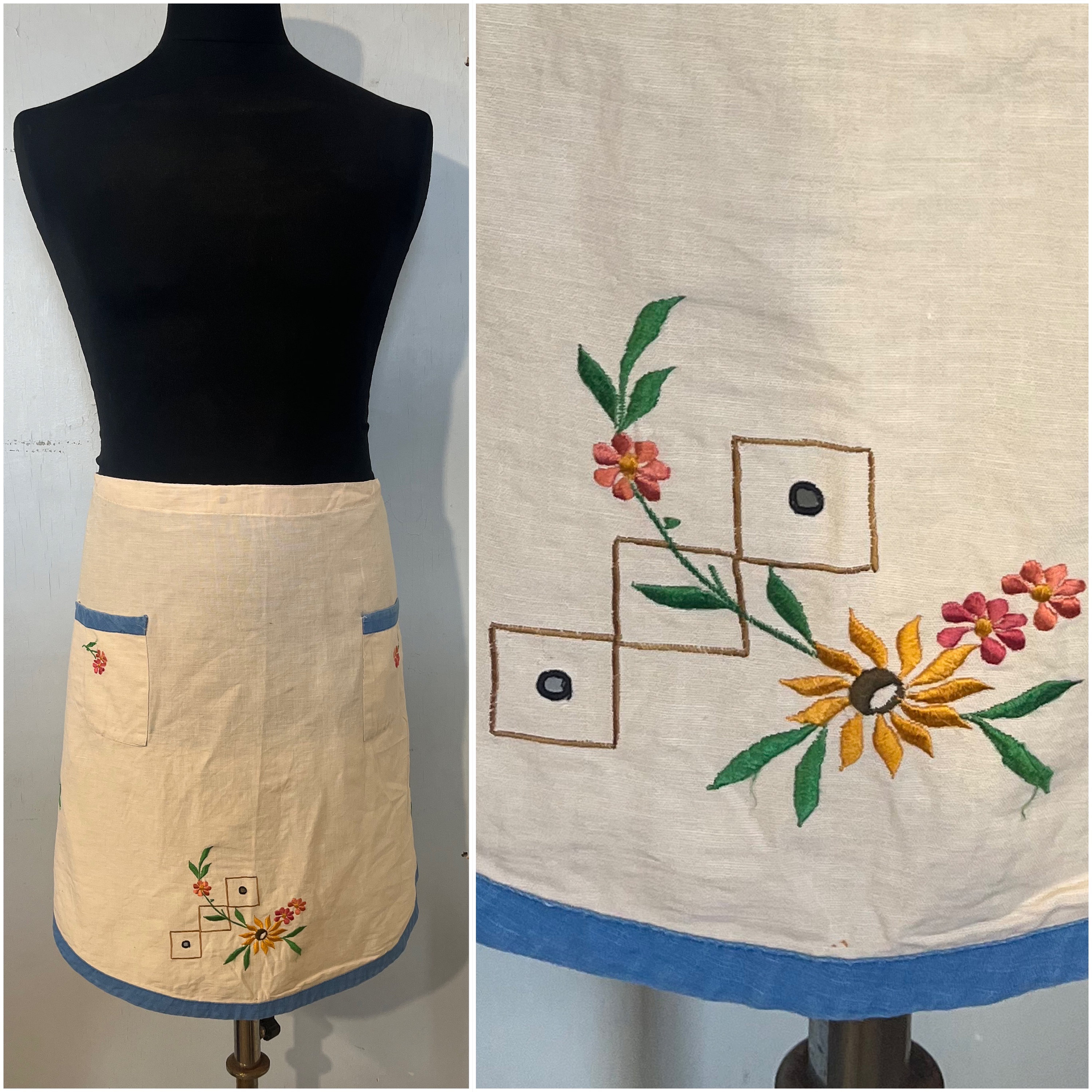 アンティークフランス製エプロン、花柄刺繍、ポケット2つ - Etsy 日本