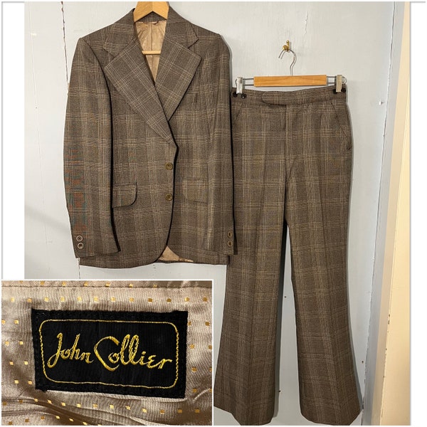 Vtg 70s S check suit - large  lapels- wide flares John Coller- Milium