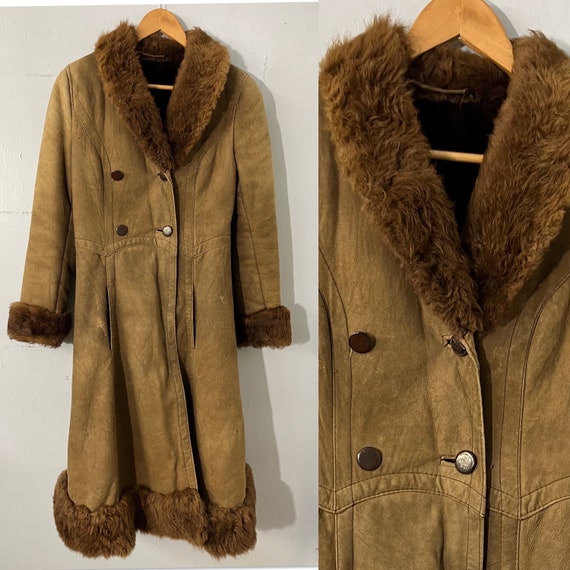 Vtg 70s suede fur penny lane long coat - image 1