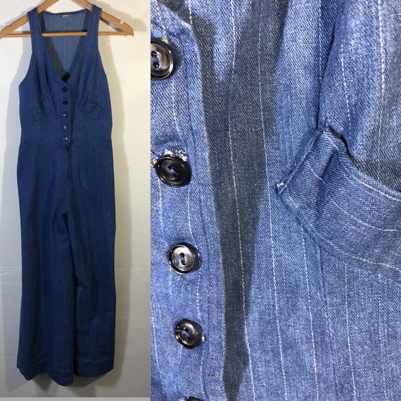 Jumpsuit 70s denim stripe sleeveless made in USA
