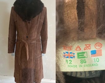 Vtg 70s suède jas penny lane faux fur kraag &voering-made in Engeland