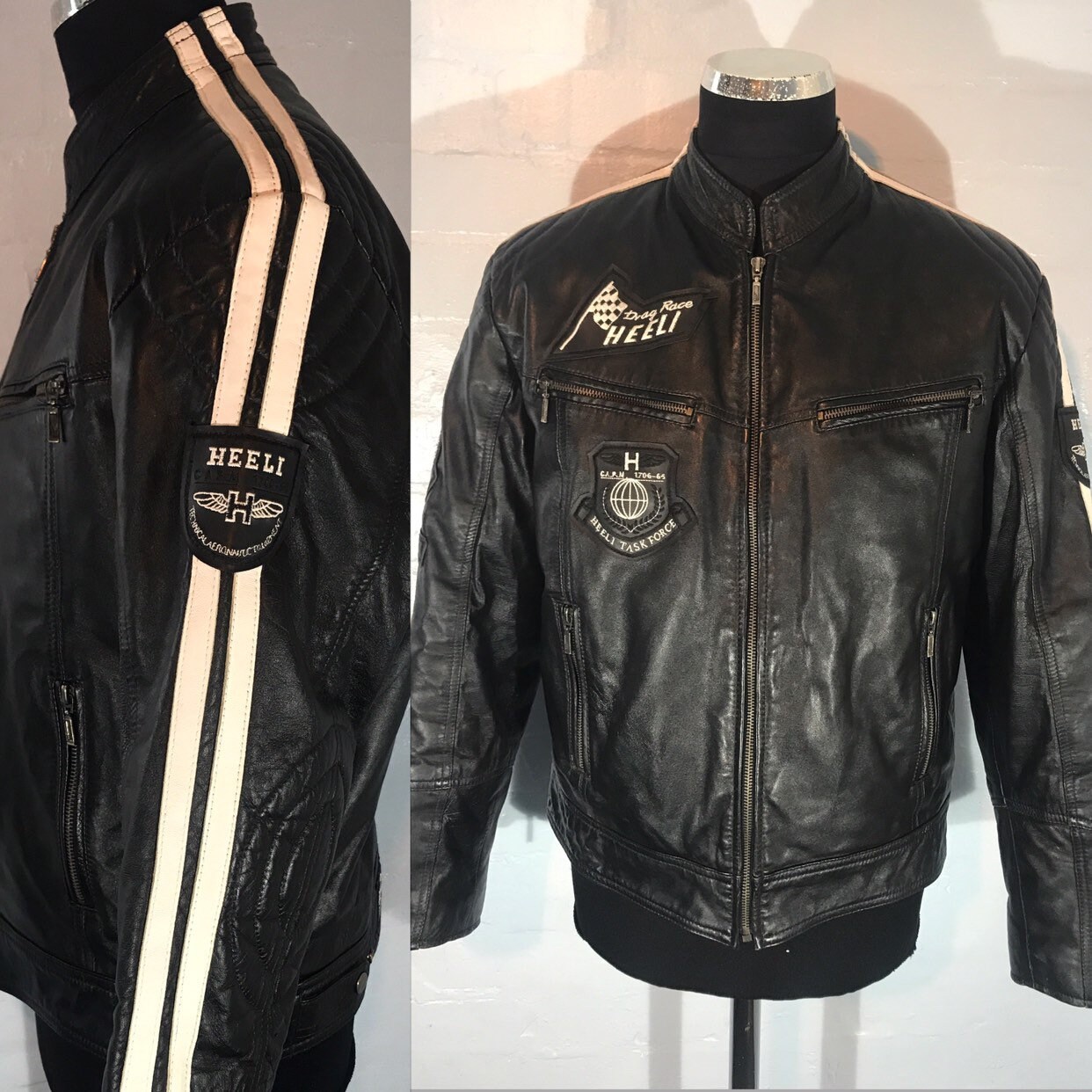 Image of Blk Leather Drag Race Jkt - Branded Heeli