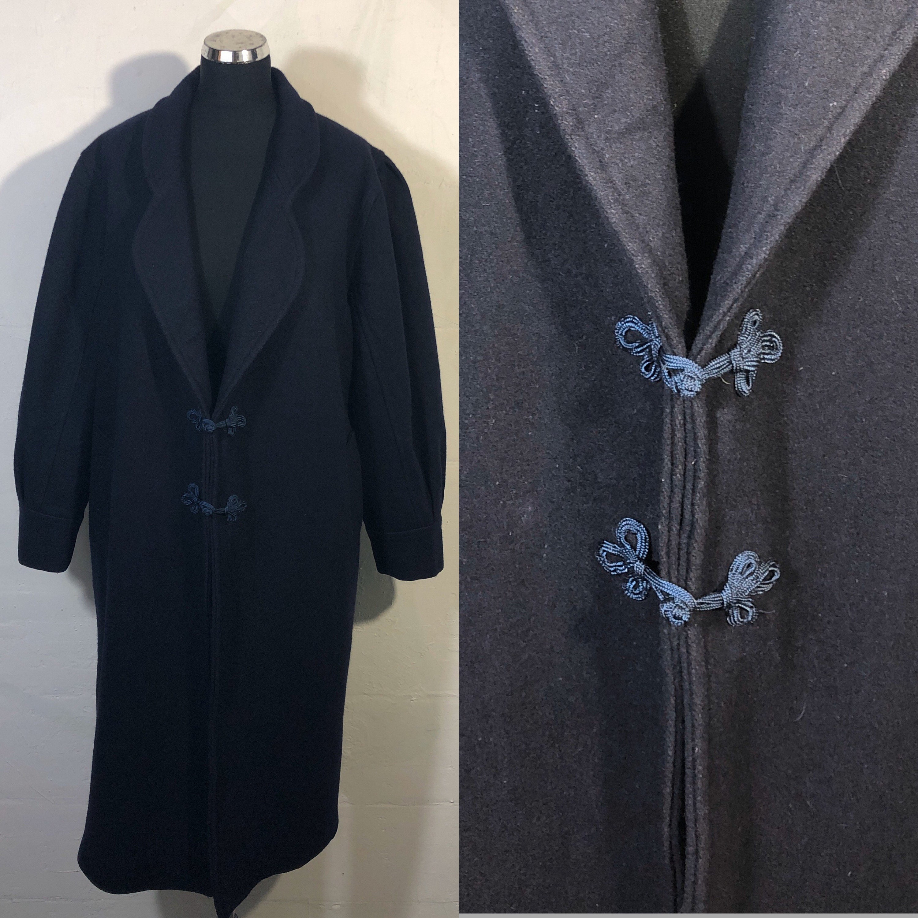 Image of Wool Ladies S Navy Long Coat - Pleated Shoulders - Made in France