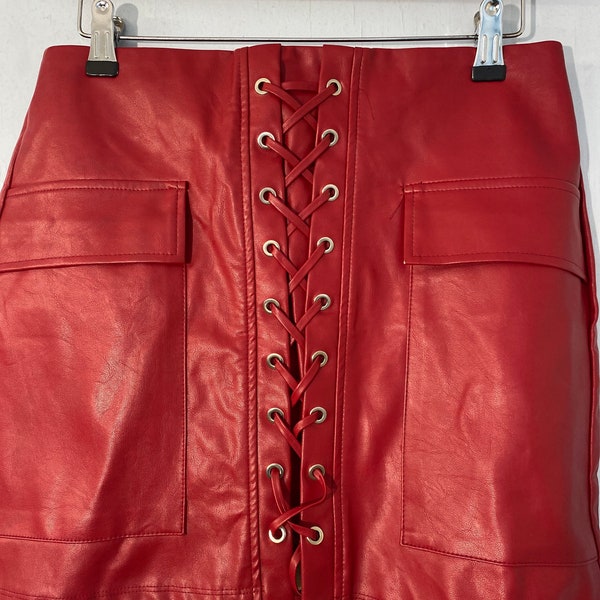 Vtg L 80s vivid red PVC skirt- lace up-faux leather”misspap”punk-rock-standout-Steam Punk Goth  …. made in Peoples Republic of China