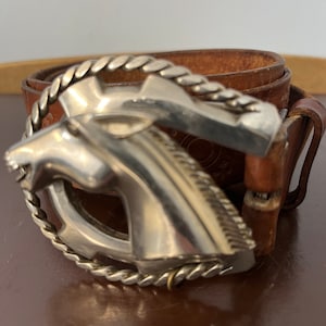 Vtg 80s belt”Horse buckle”XL-brown leather tooled belt”stallion head-equestrian-cowboy- western