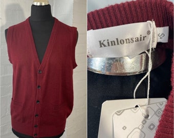 Vtg gents burgundy cardigan sleeveless 2 pockets”Kinlonsair” dead stock with labels