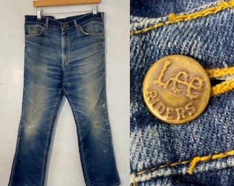 Vtg 80s Lee jeans work jeans western ware paint splats amazing original faded denim- slight kick flare made in USA
