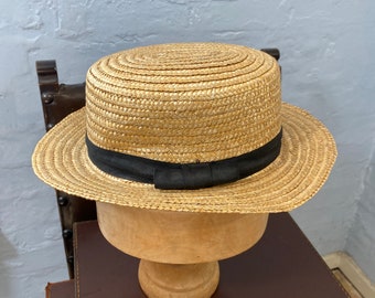Antique straw hat-not a boater-similar- lovely fabric ribbon