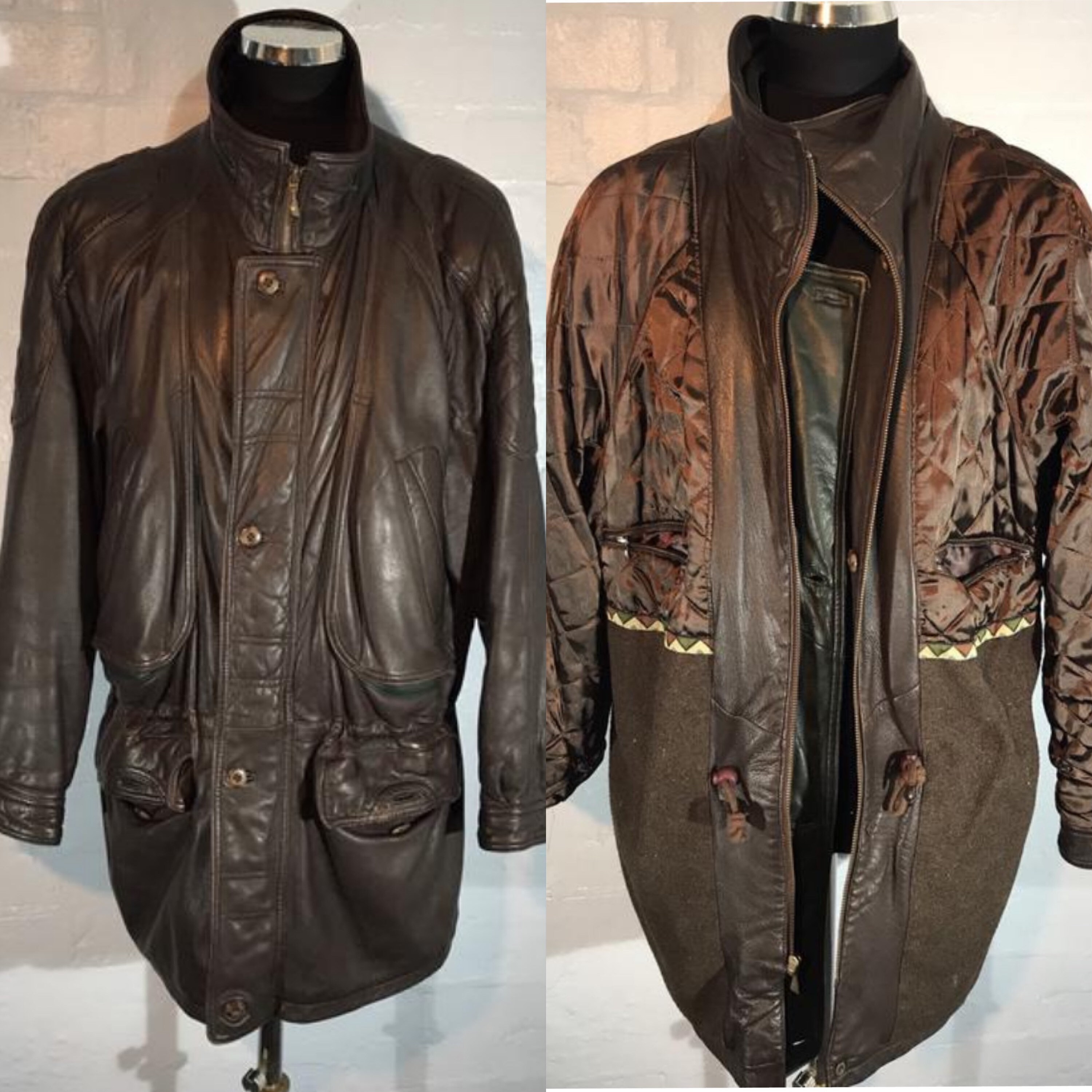 Image of Vtg 80S Leather Coat-Country Jkt Quilt/Blanket Lined -Draw Strung .. See Pics