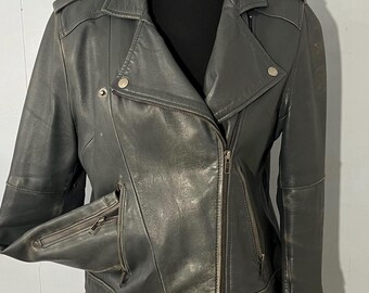 Vtg 12(uk) ladies gray leather biker style jkt - branded Together