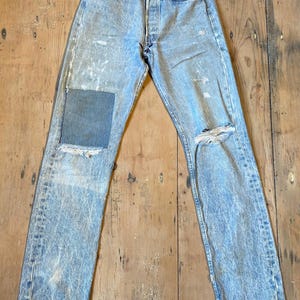Vtg Levi 501 acid bleach wash-repaired-rips made in USA 28”w 33”l