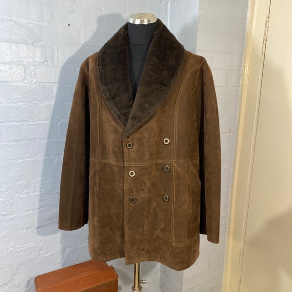 XL 70s vtg gents manteau châle col suedette fausse fourrure corps doublé .. voir photos