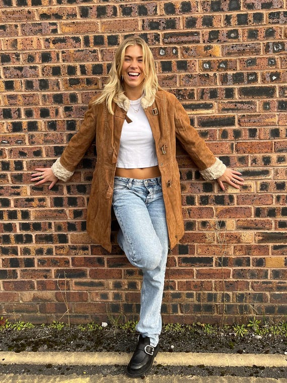 Vtg 70s Faux Suede-faux Fur Ladies Coat - Borg Getaway- 100