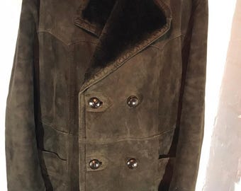 Vtg Wildleder Herren Mantel mit Kunstfell Futter