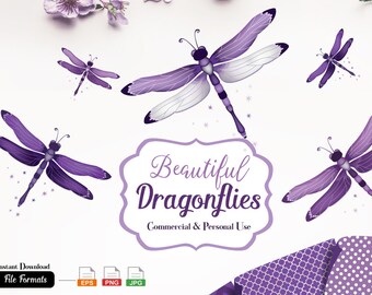 Dragonfly Clip Art, Vector Illustrated Dragonflies for commercial use, pattern backgrounds. Purple Gray, EPS editable, JPEG, PNG Format.