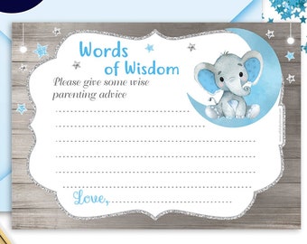 Peanut Elephant Words of Wisdom,Blue Gray Boy Advice Card for Baby Shower Printable DIY for Elephant, Floral - ao144B2