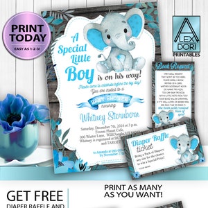 Blue Gray Elephant Baby Shower Invitation -Printable Invitation - Mommy to Be Shower-Peanut Invite-Elephant Baby Shower-FREE Diaper Raffle