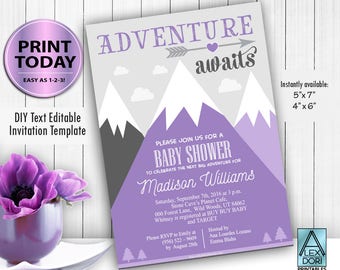 Mountain baby shower, Adventure awaits, hunter girl baby shower, purple gray Invitation Template, girl shower, FREE Diaper Raffle,book